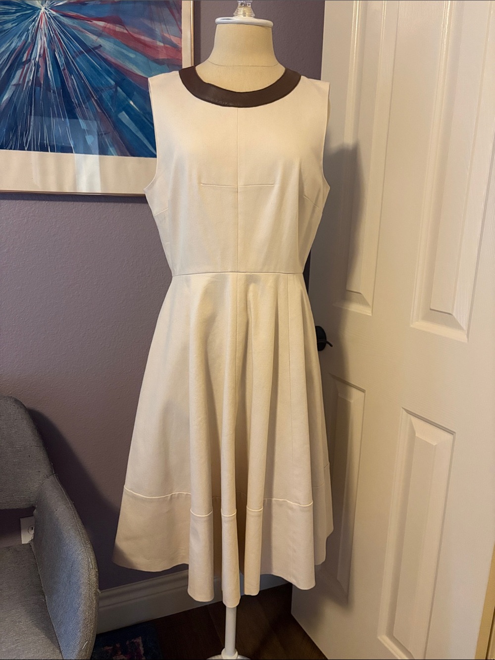 kate spade Cream Sleeveless Midi Dress with Brown Leather Trim